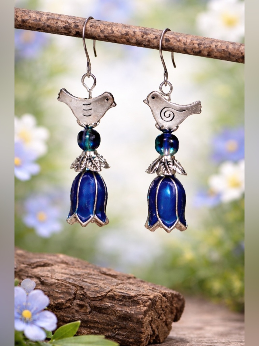 Silver Bird Earrings . Enamel Blue Flower . Boho Dangle Drop - Picture 5 of 7